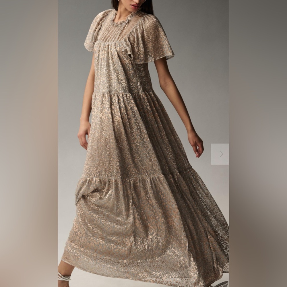 Ethereal Sheer Metallic Leopard Print Flutter Sleeve Mock Neck Tiered Maxi